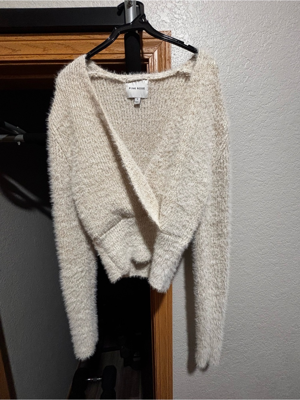 Pink Rose Cream Fuzzy V-Neck Pullover Sweater